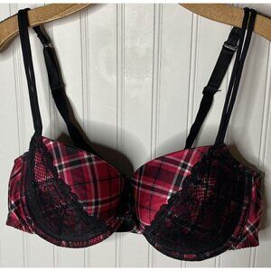 Cacique Pink Black Plaid Lace Trim Balconette Underwire Double Strap Bra-40D